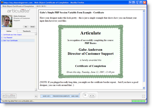 Web Object & PHP Certificate of Completion