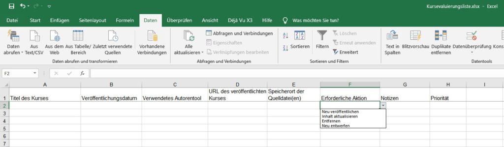 Excel-Tabelle zur Kursaktualisierung