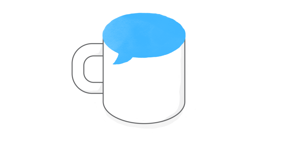 hero image of a coffee cup with a blue speech bubble as the mouth of the cup