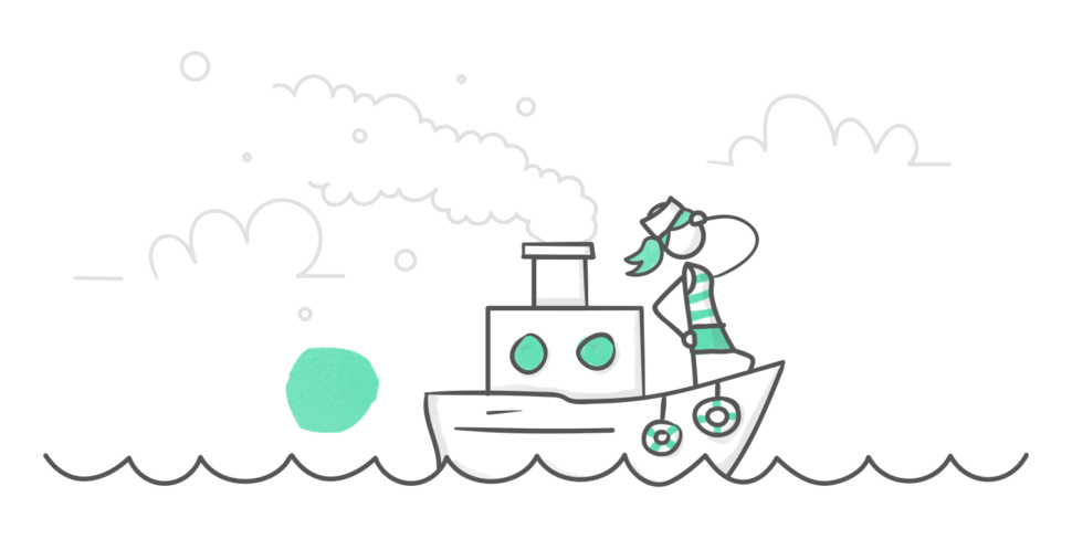 hero illustration of a character standing at the hull of a tugboat looking out over the horizon