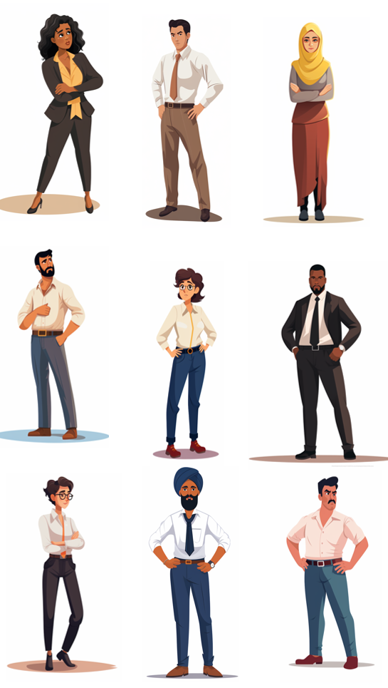diverse AI illustrated characters